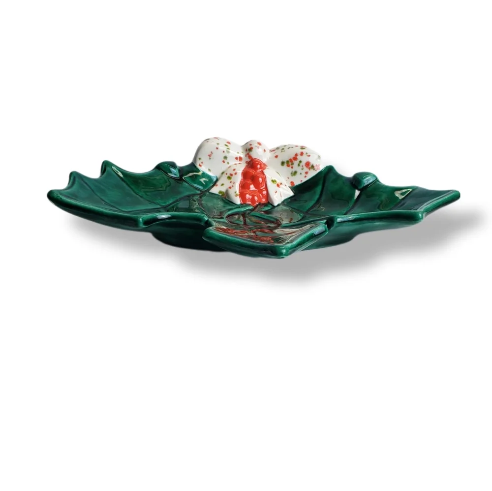 Vintage Glazed Christmas Holly And Berries Candy Dish